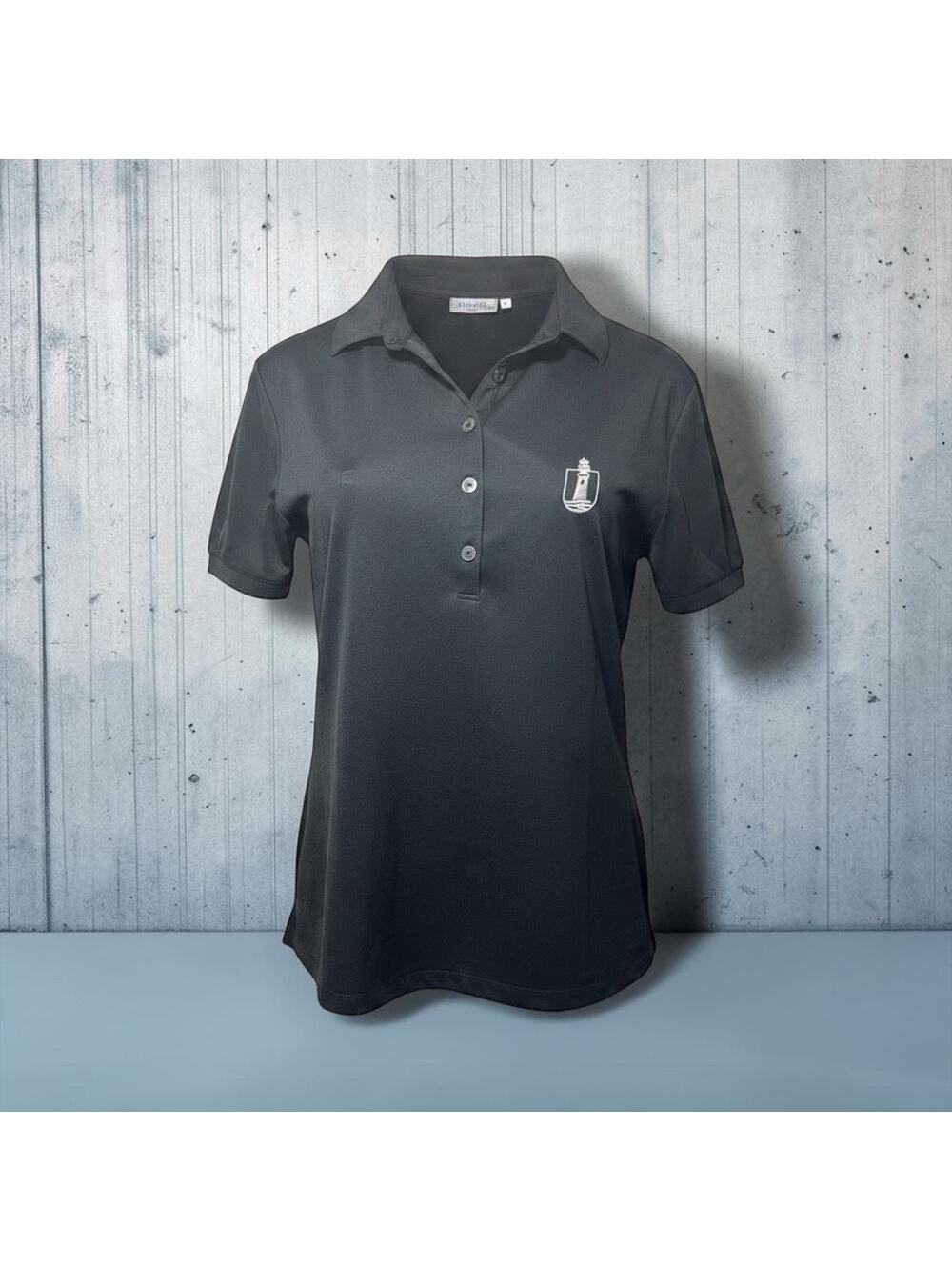 Women's Greg Norman Black Short Sleeve Golf Polo Size Medium Purpoodock Logo